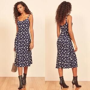 Reformation Navy and White Midi Dress